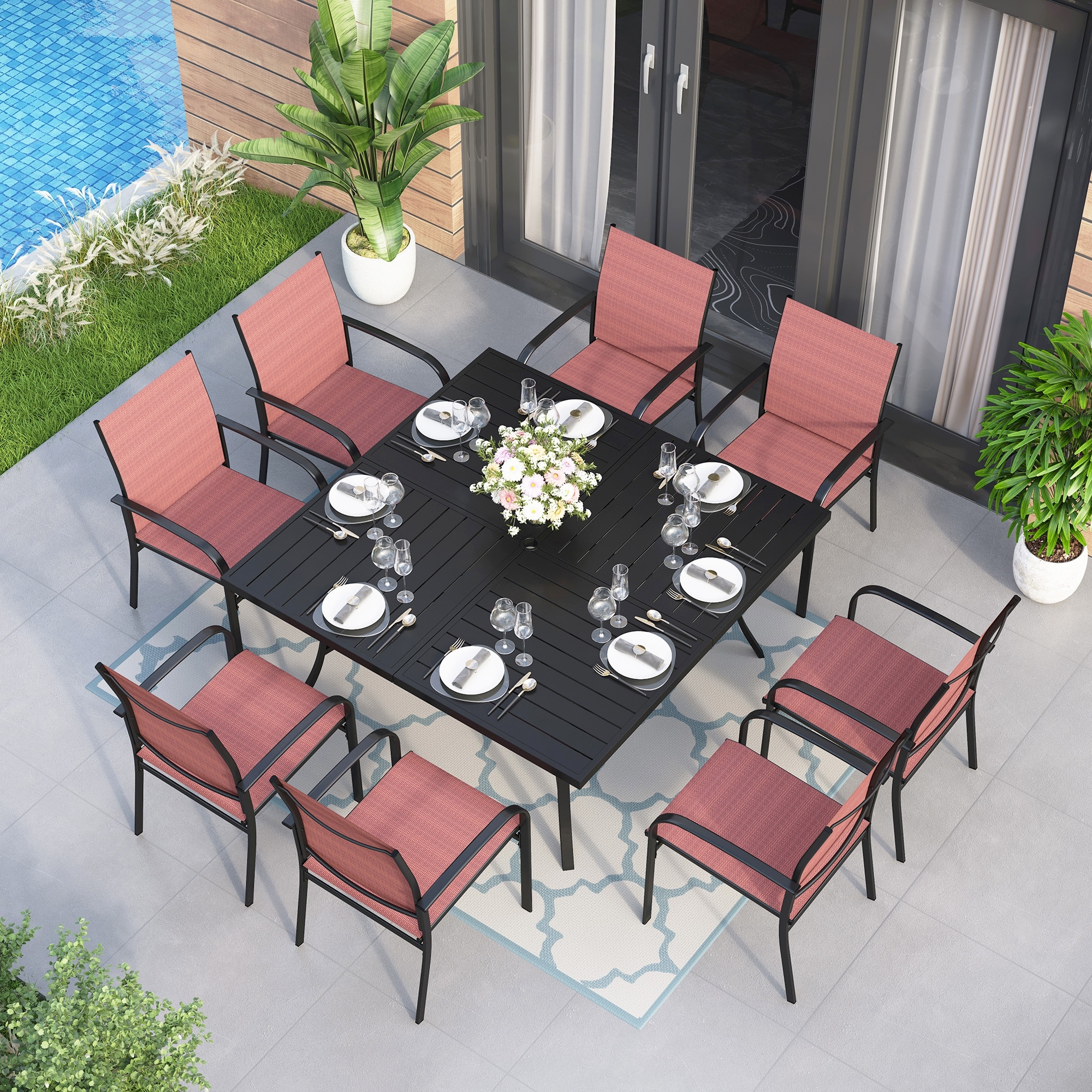 9 Piece Patio Dining Set 60 Inch Square Metal Table and 8