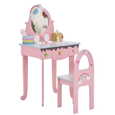 Kids Vanity Table and Chair Set with 7 Pretend Makeup Toys Rainbow Design Pink Stool Storage for Girls Room Gift