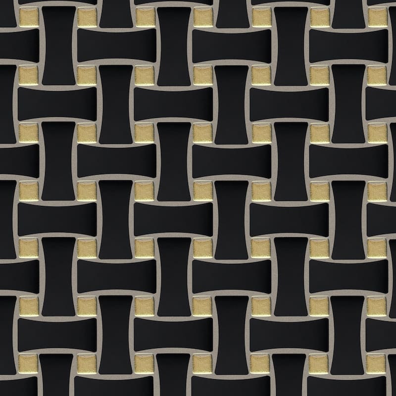 Merola Tile Metro Dog Bone Basketweave Matte Black with Glass Gold Dot 10" x 10" Porcelain Mosaic Wall Tile