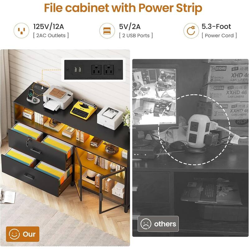 59" LED File Cabinet 2 Drawers Filing Cabinets Legal/Letter/A4 File