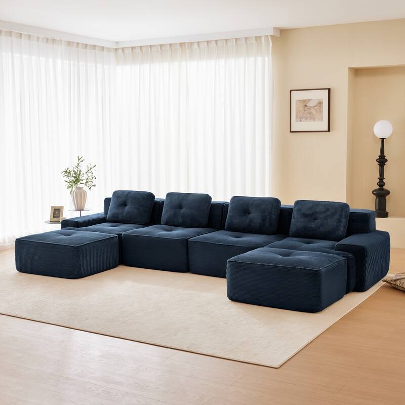 Roomfitters No Assembly Modular Sofa, 117 Inch Corduroy 3-Seater with Piping, Blue - Blue 153"  U-Shape