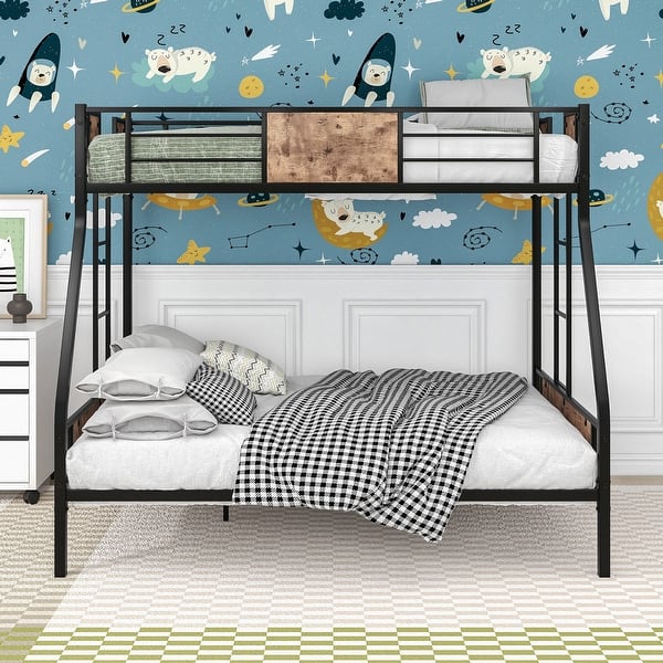 slide 2 of 9, Twin over Full Metal Bunk Bed, Heavy Duty Frame with Safety Rail , 2 Side Ladders & Decorative Wood Black