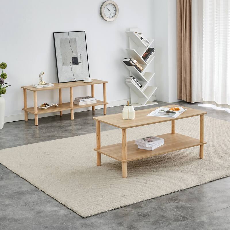 39" Coffee Table with 2-Tier Rubberwood Legs