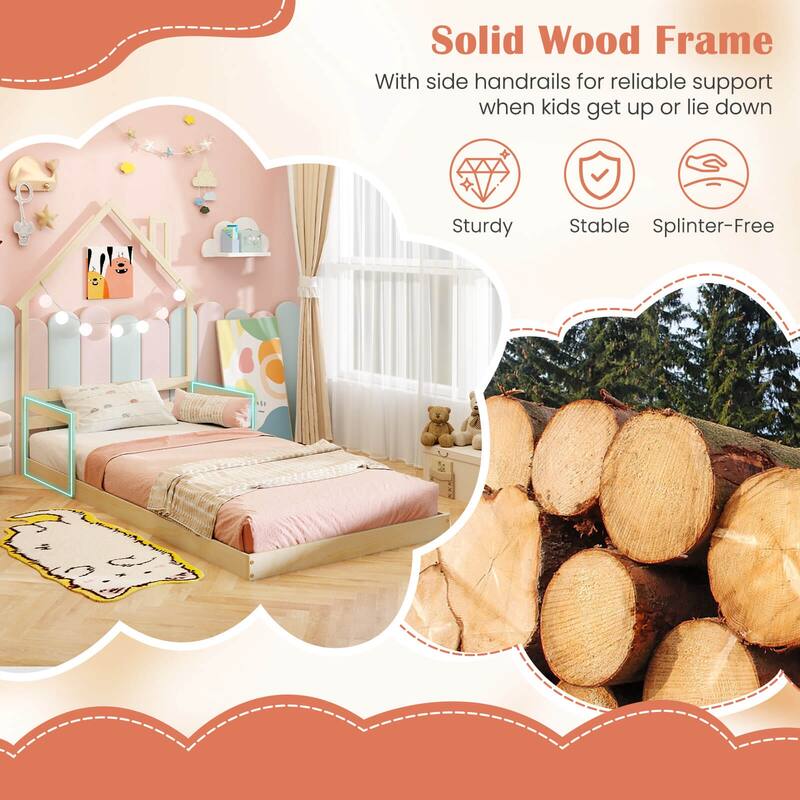 Costway Twin Size Floor Bed for Kids with Chimney Headboard & Handrail