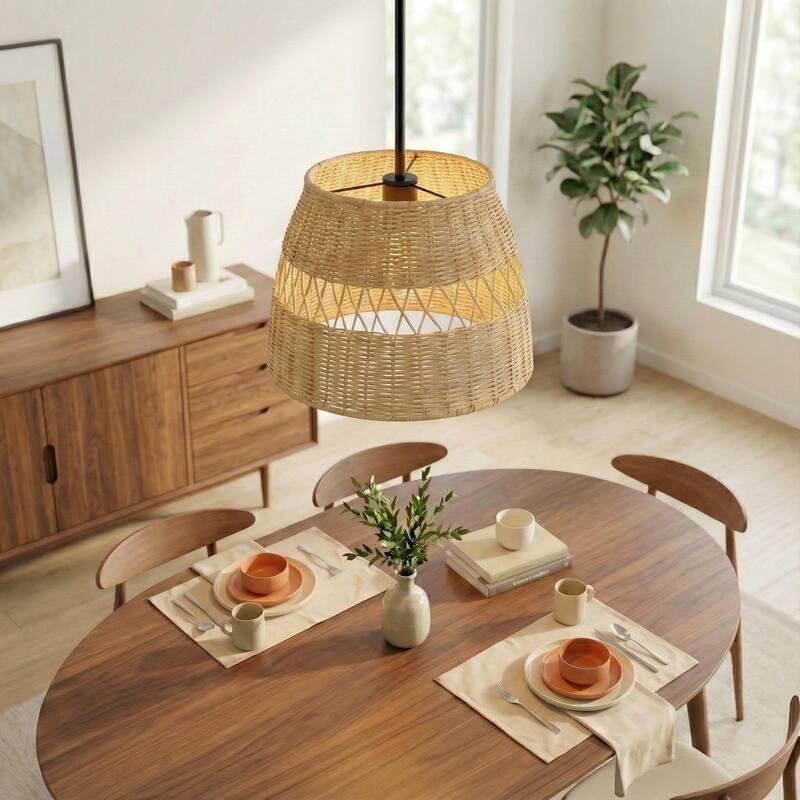 Vina Natural 1-Light Rattan Pendant Light with Black Metal Finish