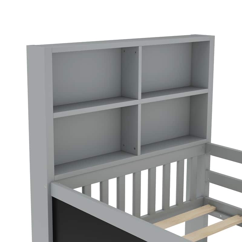 Childlike Fun Solid Wood Low-profile Platform Bed Storage Bed Frame with Side Chalkboard, Open Shelves, Drawers and Guardrails
