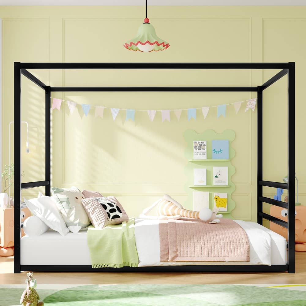 Metal Canopy Bed Bedroom Floor Bed with Fence, Square-shaped Metal Frame Design with Elliptical and D-shaped Materials, Black