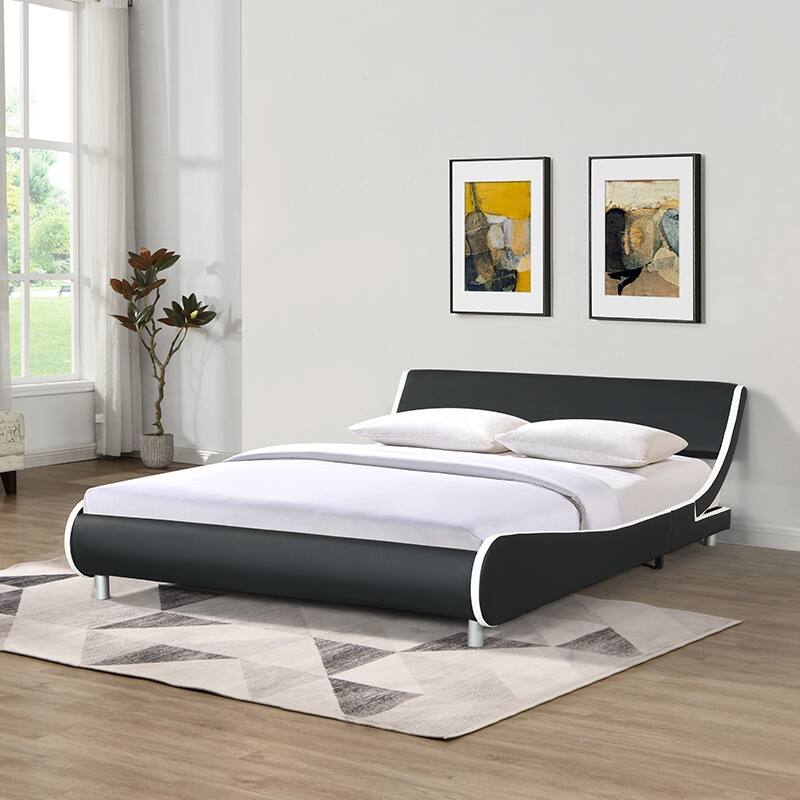 Black Faux Leather Upholstered Platform Bed Frame Curve Design with