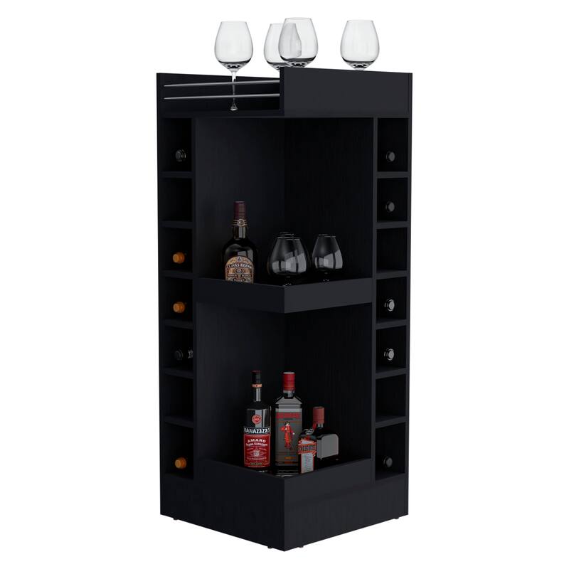 FM FURNITURE Lamer Corner Bar Cabinet with Wine Rack and Open Shelf, Black