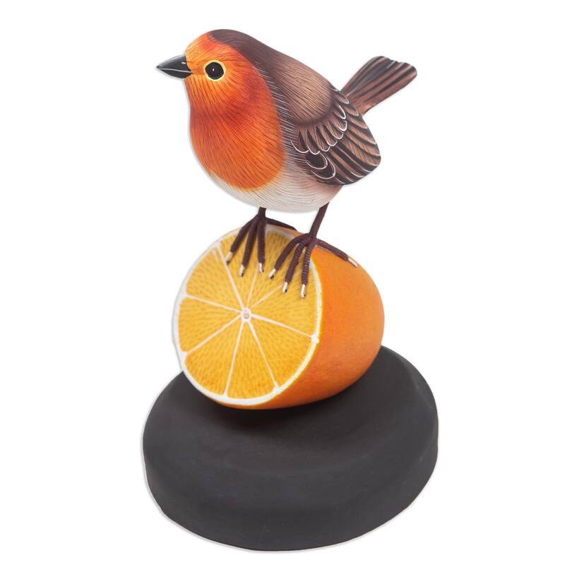 Novica Handmade Robin With Orange Wood Statuette