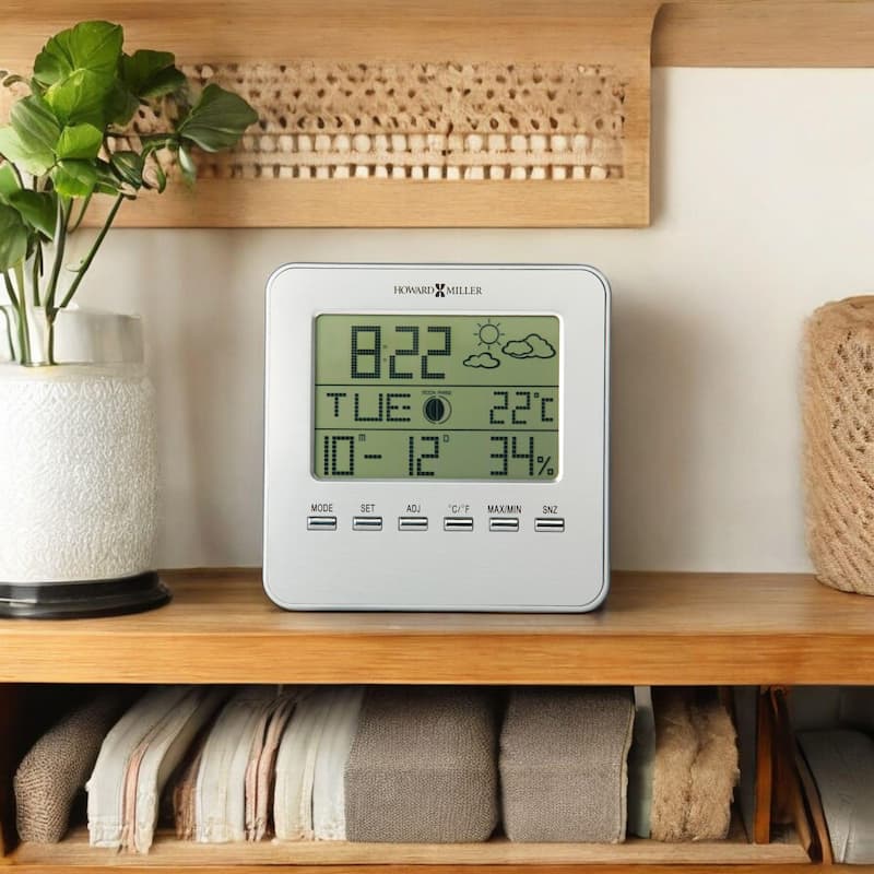 Howard Miller Weather View Modern Sleek Alarm Clock with Weather Information - Silver