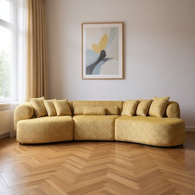 HomeRoots Mustard Boucle Modular Curved Three Piece Sectional With Toss Pillows