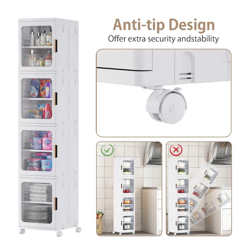 Foldable Slim Rolling Storage Cabinet with Doors, 4-Tier Plastic Organizer Tower with Wheels for Bathroom or Kitchen