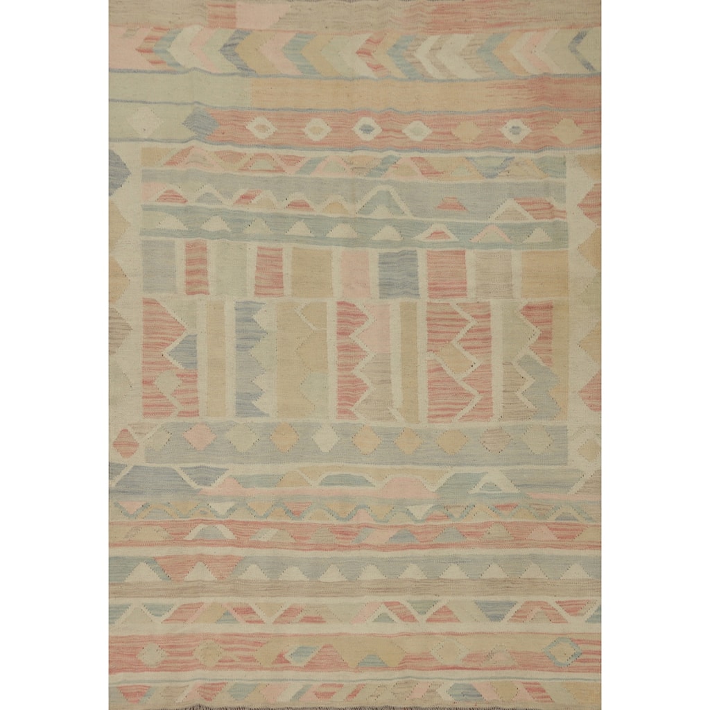 Hand Woven Oriental 100% Wool Carpet Southwestern Tribal Beige & Ivories Kilim Area Rug - 6' 5'' X 4' 10''