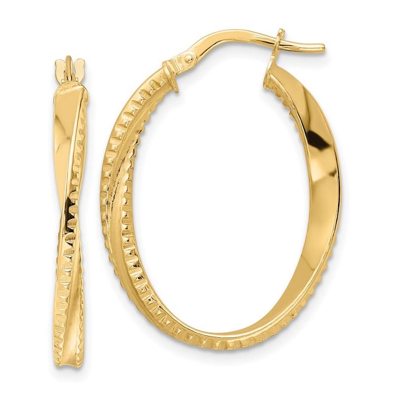 Curata 14k Yellow Gold Textured Twisted 29x3mm Oval Hoop Earrings
