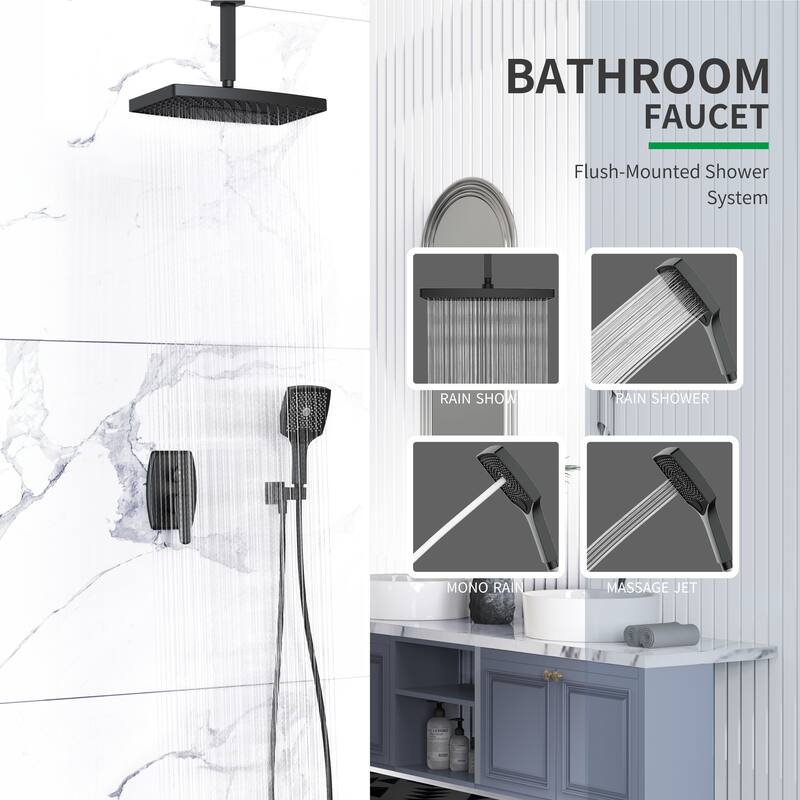 GIVINGTREE Single Handle 3 Spray 14 In.rectangular Ceiling Mounted Shower Faucet With Valve
