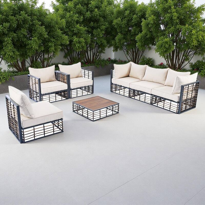 7-Piece Outdoor Metal Modular Sectional Sofa Set with Coffee Table and Chairs, Free Combination - Black