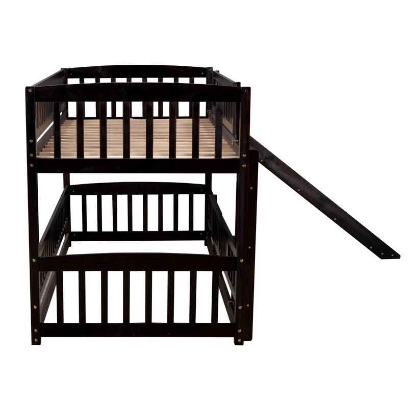 Twin Over Twin Low Bunk Bed with Slide, Fence and Ladder for Kids & Teens - Espresso