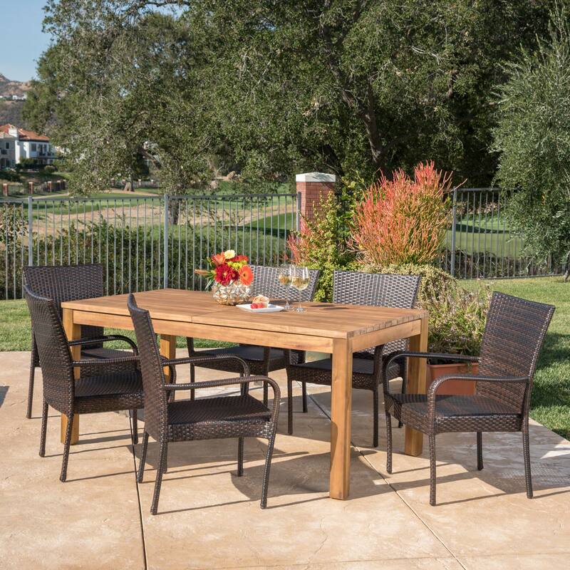 Christopher Knight Home Lambert Outdoor Wicker and Wood Expandable Rectangular Dining Set - Teak + Multibrown