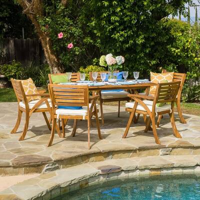 7-Piece Acacia Wood Outdoor Dining Set with Cushions, Teak Finish