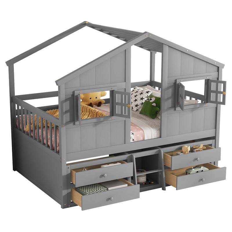 Wood Full Size House Loft Bed with Roof, Windows,4 Storage Drawers
