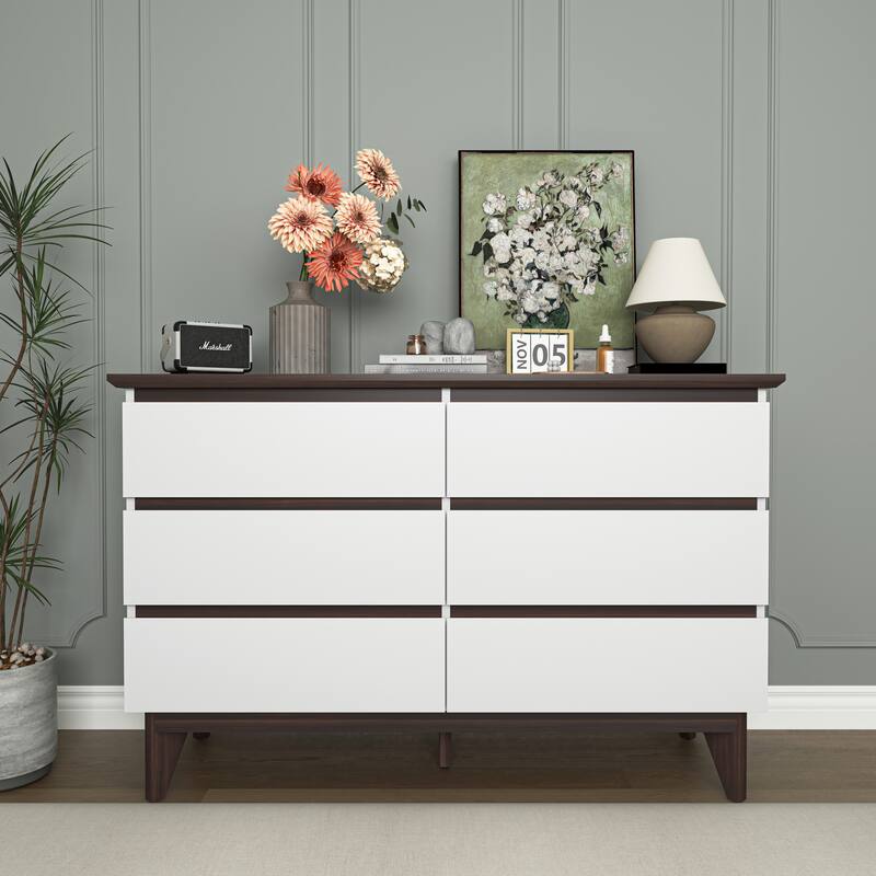Anmytek White Wood 6 Drawer Dresser Mid Century Bedroom Storage with Tapered Legs