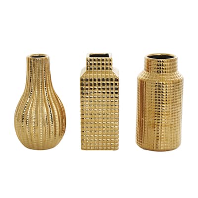 Ceramic Geometric Dimensional Textured Decorative Vase with Varying Shapes - Set of 3 Gold, Silver, Cream - Roche River Decor