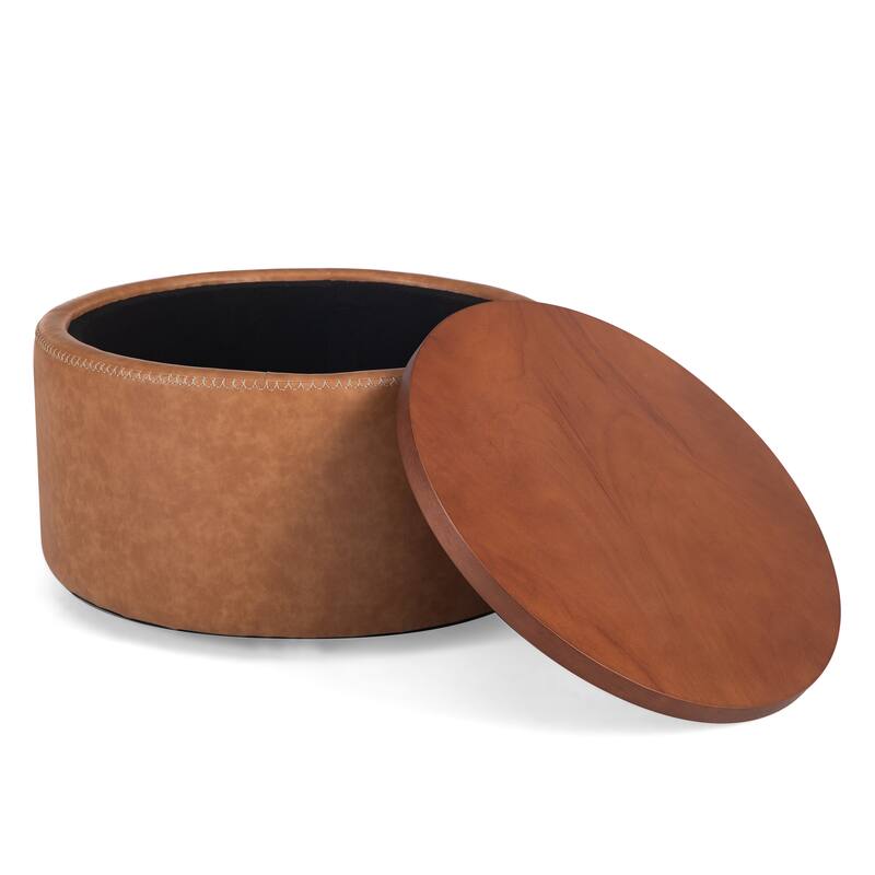 Christopher Knight Home - Mollet Modern 30" Round Hidden Storage Ottoman with Removable Wooden Lid & Rolling Wheel Casters