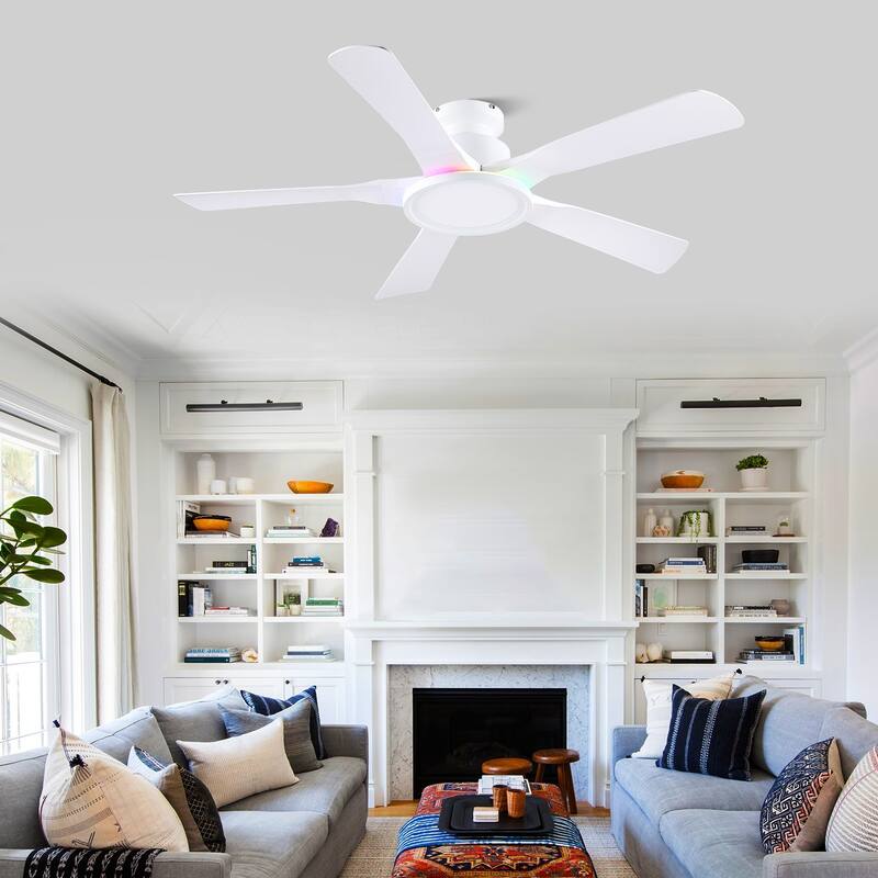 52 Inches Low Profile Flush Mount Ceiling Fan with LED Light,Reversible DC Motor - 52 Inches