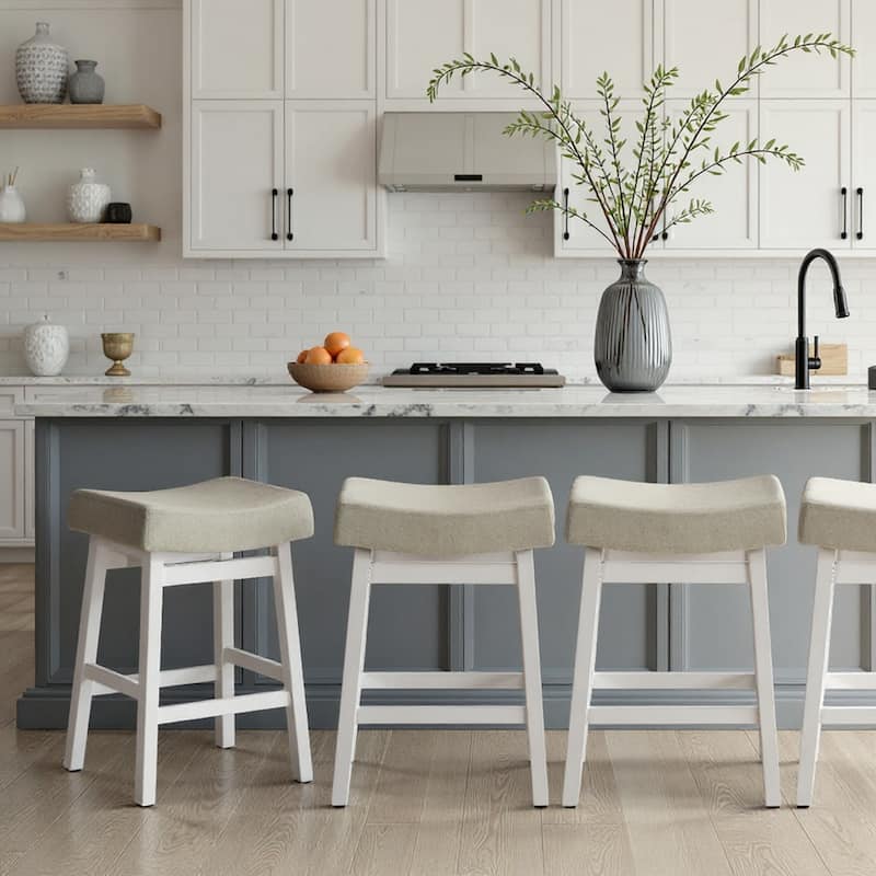 Lenon Modern Farmhouse Backless Bar Stool, Saddle Counter Stool with Upholstered Seat - Set of 4 - White - Counter Height