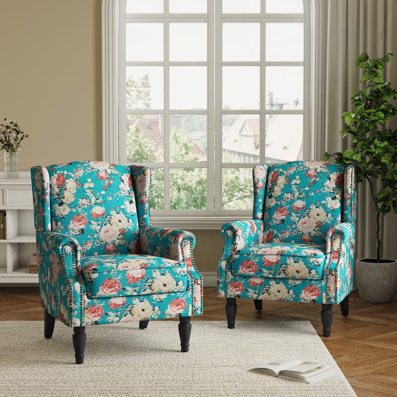 2 Set Transitional Patterned Wingback Accent Chairs with NailHead - Peacock Blue