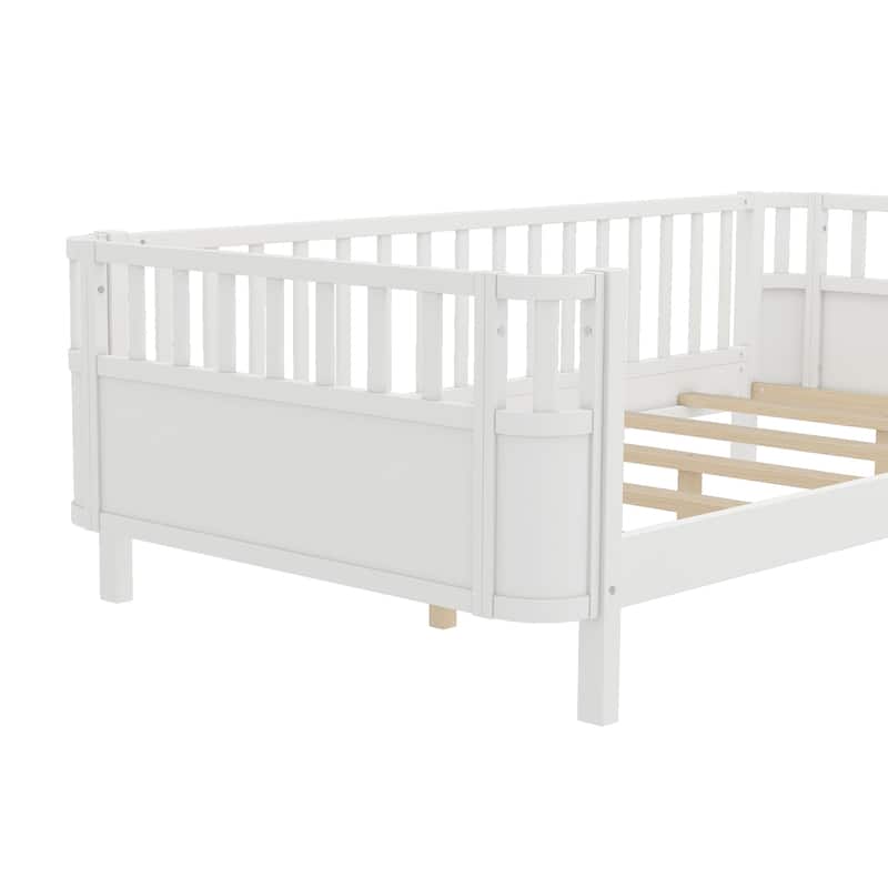 Multi Size Low Platform Bed for Kids with Rounded Corners Guardrails, Detachable Right-side Fence and Open Left-side Design