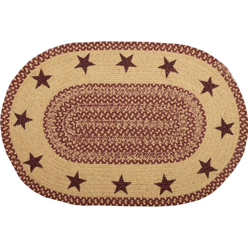 Burgundy Tan Jute Rug Oval Stencil Stars w/ Pad 20x30 - 2' x 3' Oval