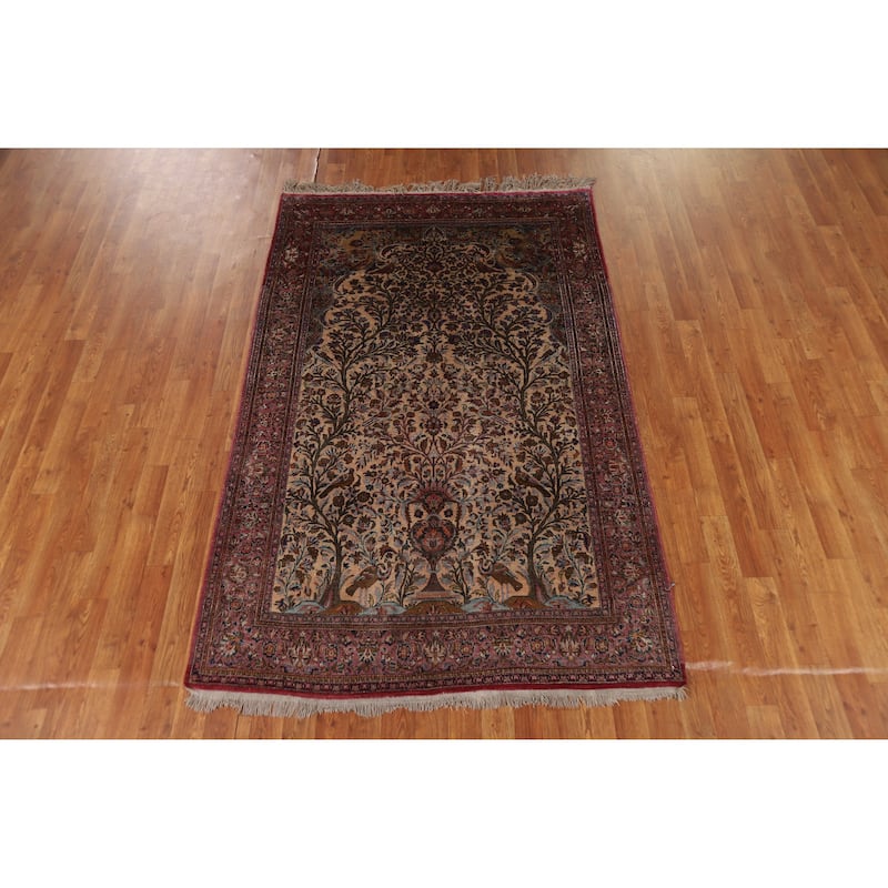Hand Knotted Oriental Silk Carpet Traditional Floral Beige & Ivories Kashan Area Rug - 6' 10'' X 4' 4''
