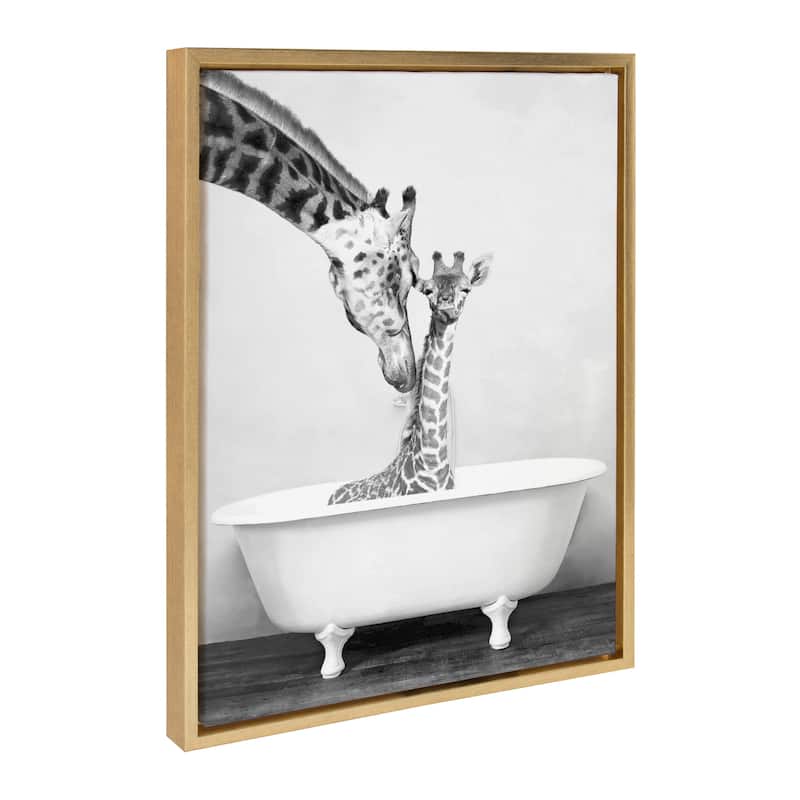 Kate and Laurel Sylvie Giraffe in Tub Framed Canvas by Amy Peterson - 18x24 - Plastic - Gold