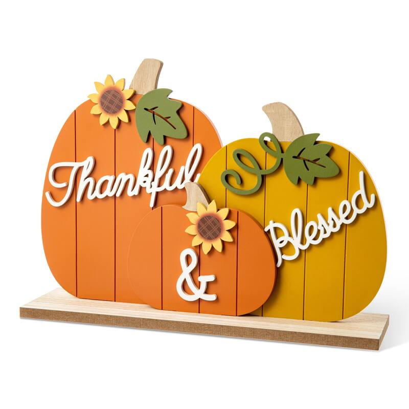 Glitzhome 16"L Fall Thanksgiving Wooden Pumpkins Table Decor
