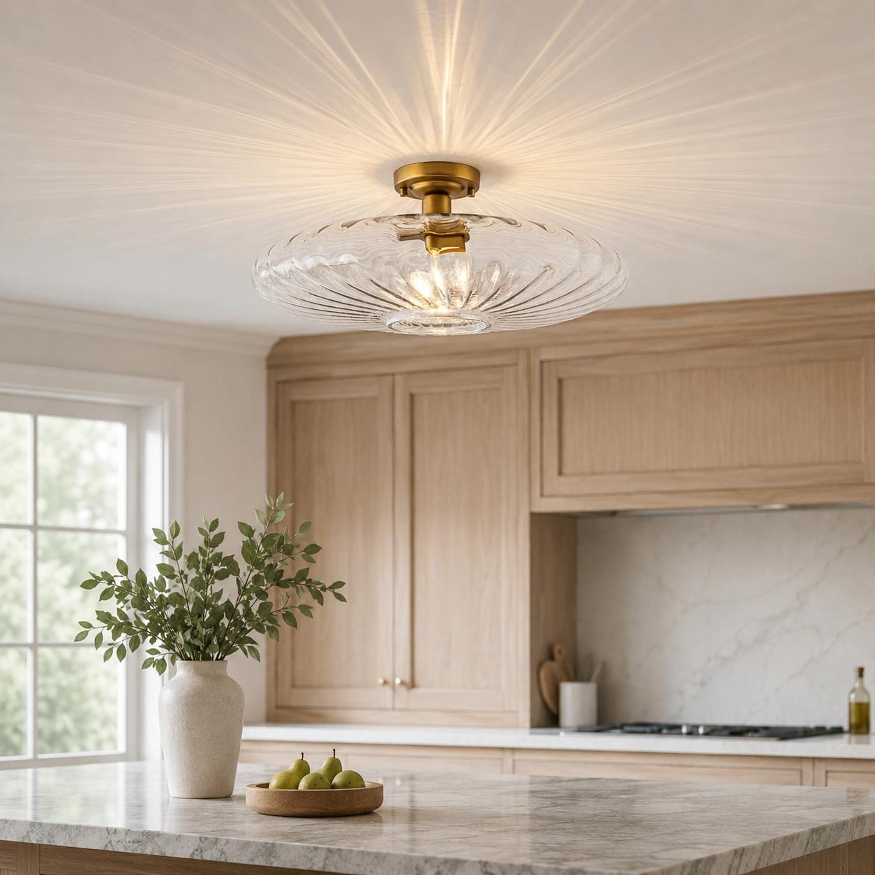 Modern Flush Mount Ceiling Light with Ribbed Clear Glass Shade - Dia.19.29 inch