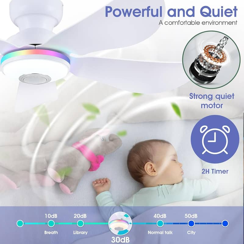 Kviflon 36/46 inches RGB Flush Mount Ceiling Fan with Light and Remote and Speaker-White