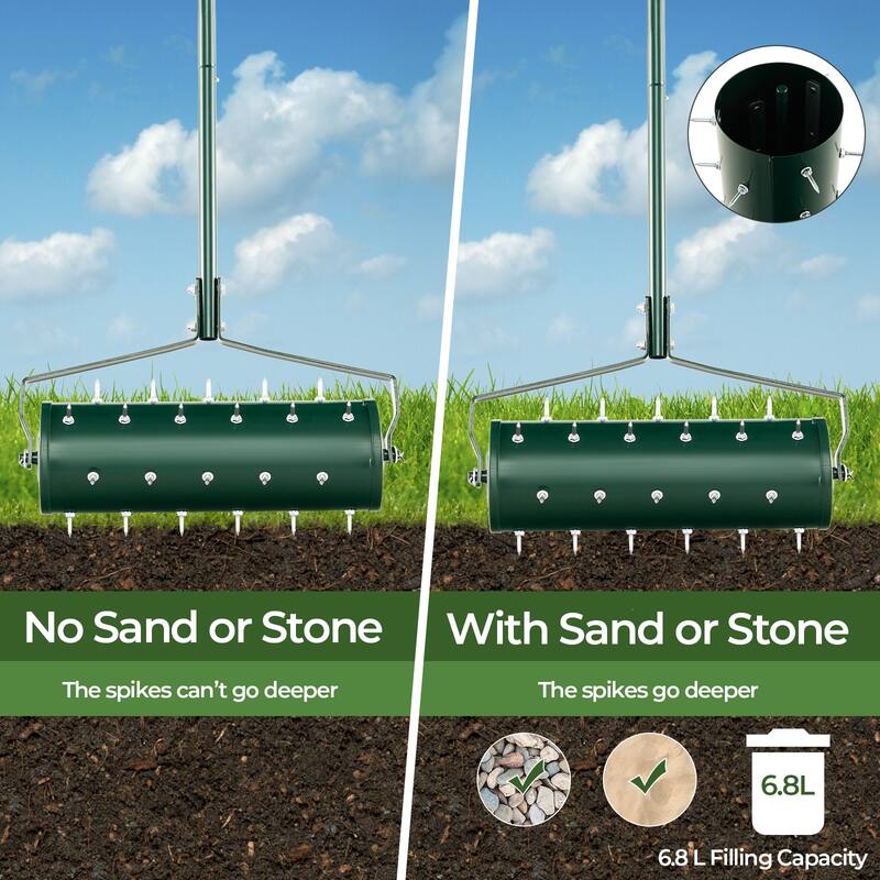 Manual Lawn Aerator Roller with Spiked Drum and Ergonomic Handle Fillable Steel Design