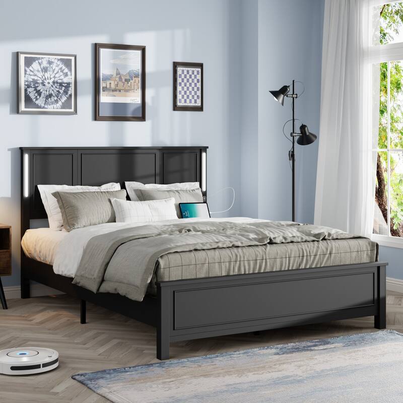 Modern Queen Size Bed Frame with Wood Headboard, LED Light Bar and Charging Station, No Box Spring Needed, Bedroom Furniture