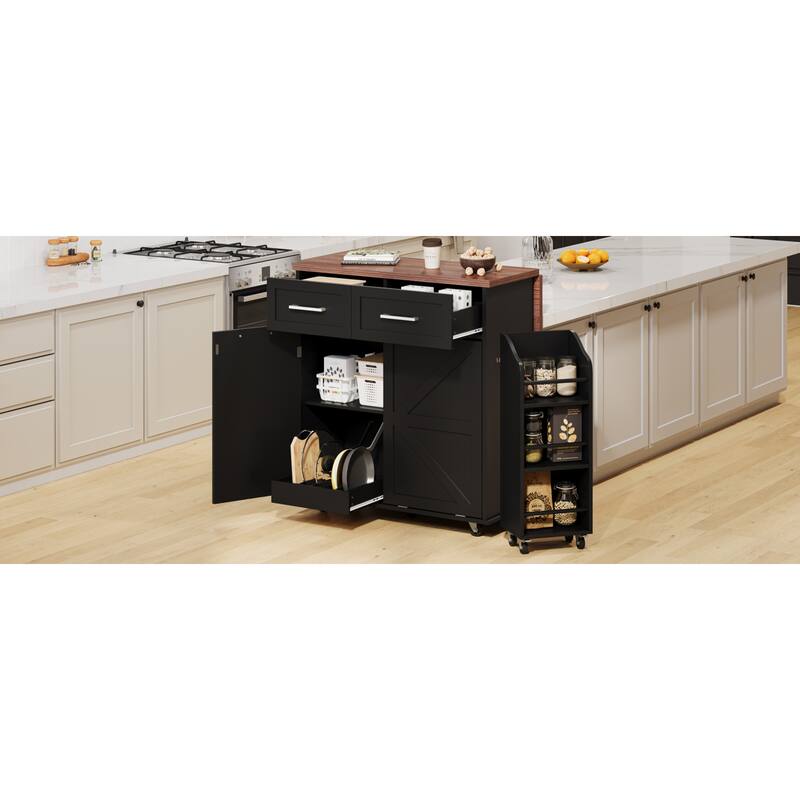 Roomfitters 47.2" Farmhouse Kitchen Island with Drop Leaf, Tilt Trash Can Cabinet, Removable Mobile Side Racks