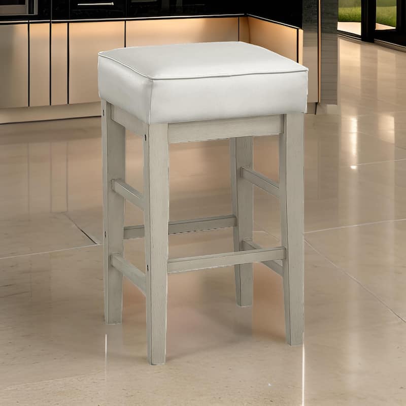 Vin 26 Inch Counter Height Stool, White Faux Leather Seat, Solid Wood