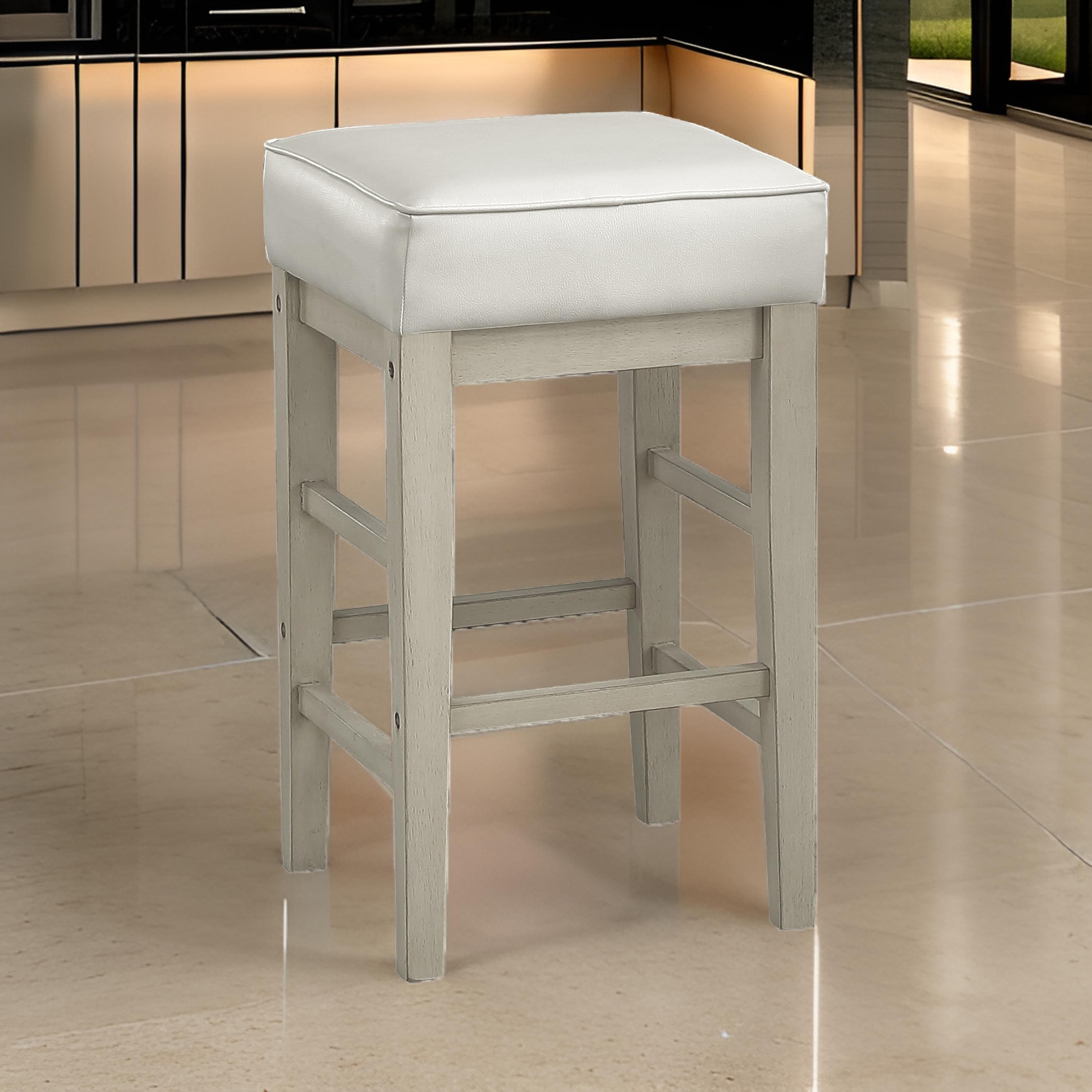 Vin 26 Inch Counter Height Stool, White Faux Leather Seat, Solid Wood