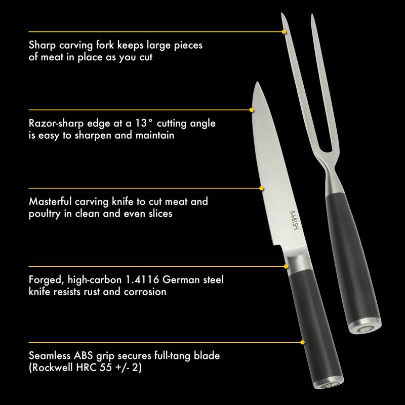 Babish 2-Piece Carving Knife and Fork Set - 8-Inch Stainless Steel Carving Knife with 6.5-Inch Fork - Ergonomic ABS Handles