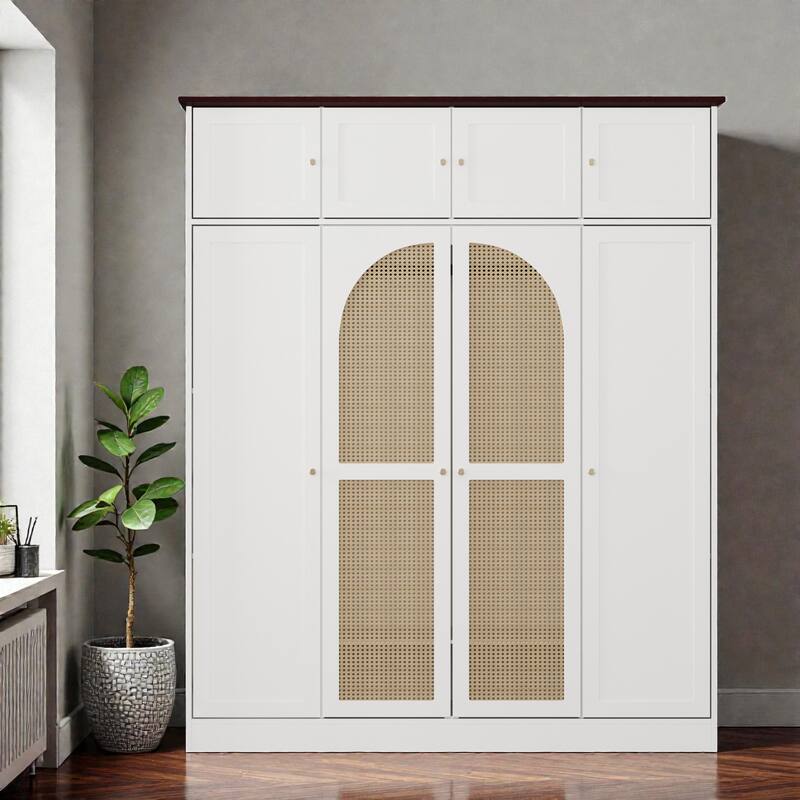 Tall 8 Door Armoire Wardrobe Closet with Hanging Rod and Adjustable Shelves, Rattan Door Storage Cabinet - White