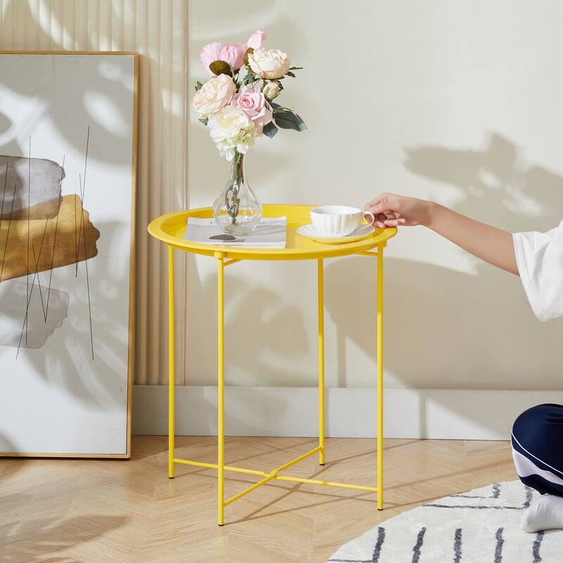 VECELO Side/End Table, Folding Round Metal Anti-Rust and Waterproof Outdoor for Living Room Bedroom,Nightstands