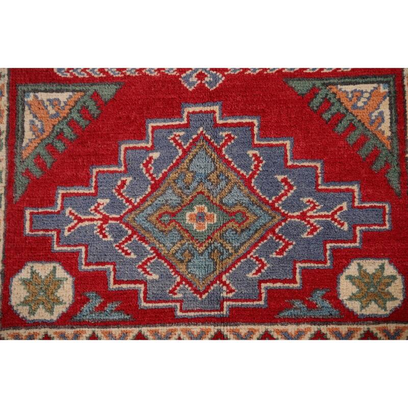 Geometric Red Kazak Accent Rug Handmade Red Wool Carpet - 2'9" x 4'1"