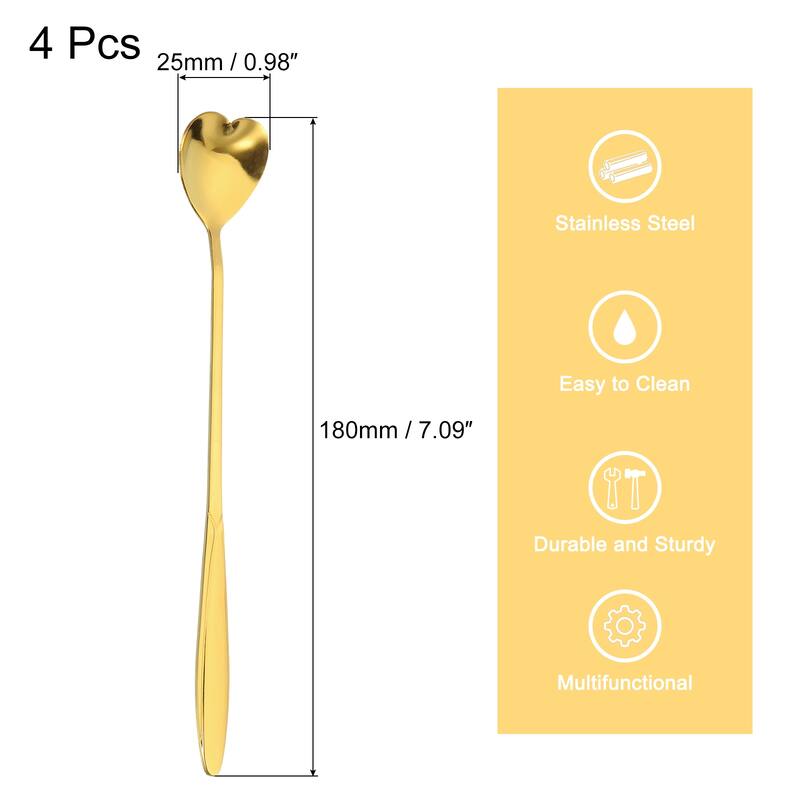 4Pcs 7" Stainless Steel Long Handle Heart Teaspoon Coffee Spoon - Gold