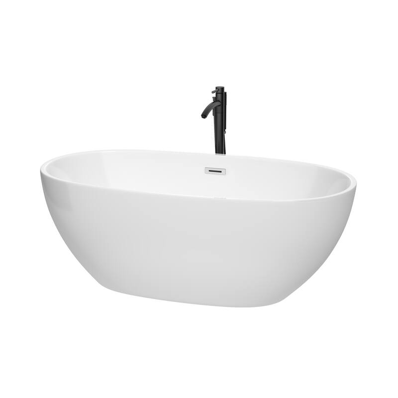 Wyndham Collection Juno 63" Freestanding Soaking Tub with Tub Filler - White / Polished Chrome Trim / Matte Black Faucet