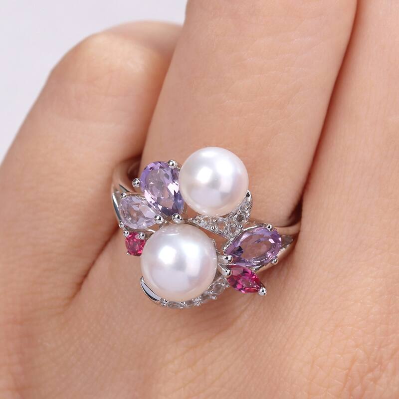 Miadora Cultured Freshwater Pearl and 1 3/8ct TGW Multi-Gemstone Cocktail Ring in Sterling Silver